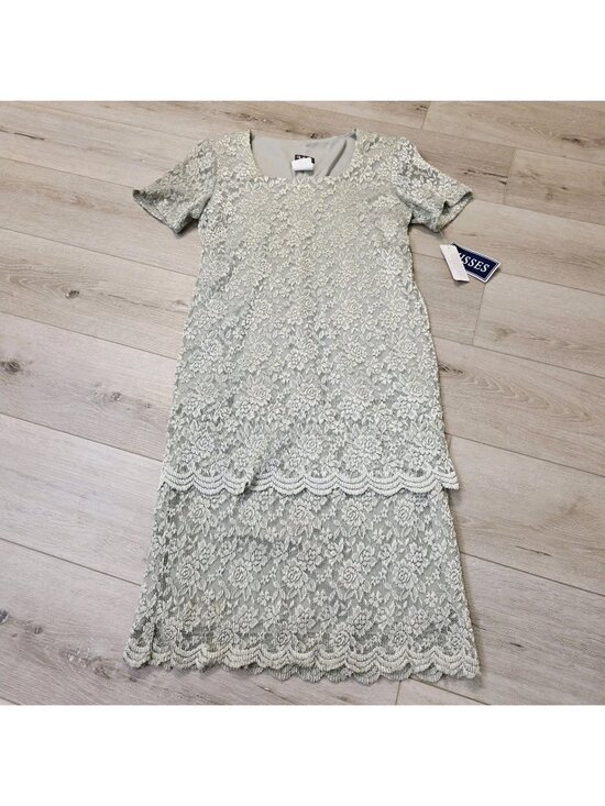 Helene Blake Dresses & Skirts - Vtg Helene Blake Pale Green Floral Lace Layered Tiered Stretch Dress Sz 12
